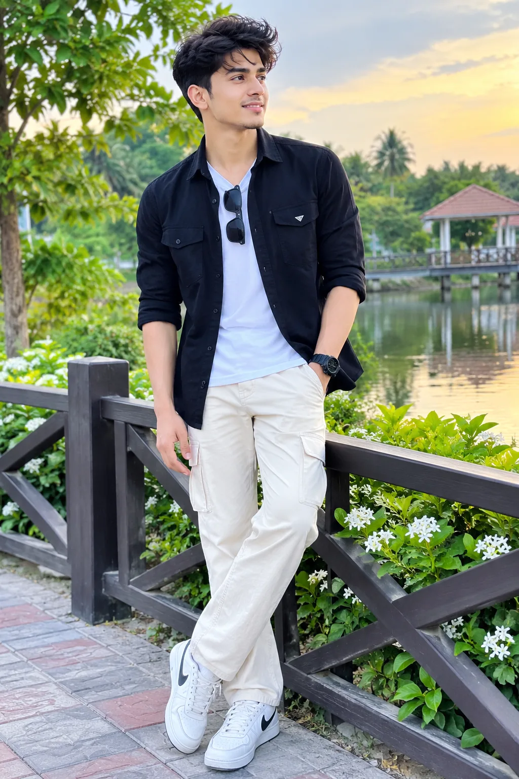 Stylish Boy in Black & White Outfit | Beautiful Garden Vibes 🌿✨