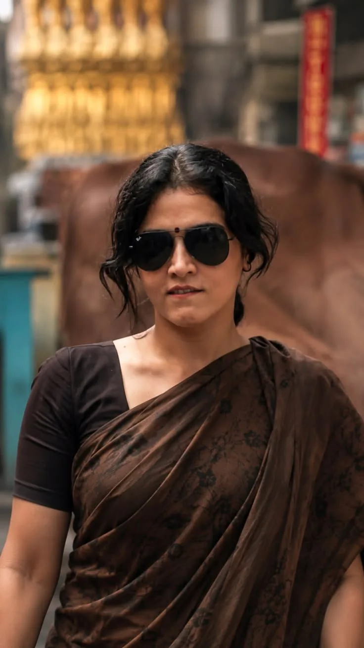 Elegant Woman in Black Saree – Cinematic Street Portrait