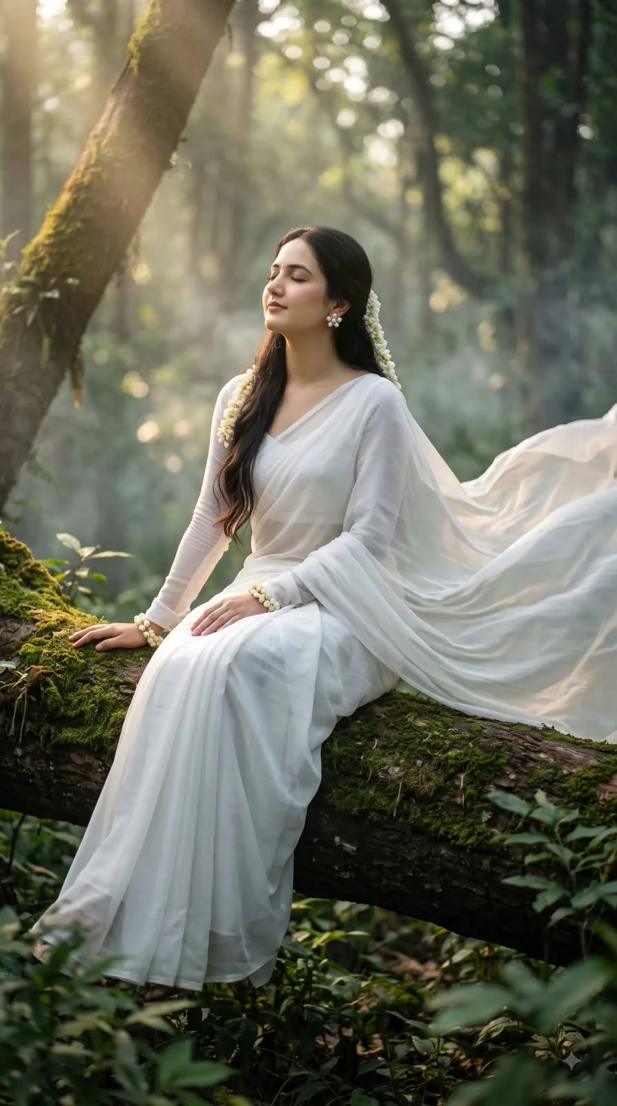 Ethereal White Sari in a Misty Forest