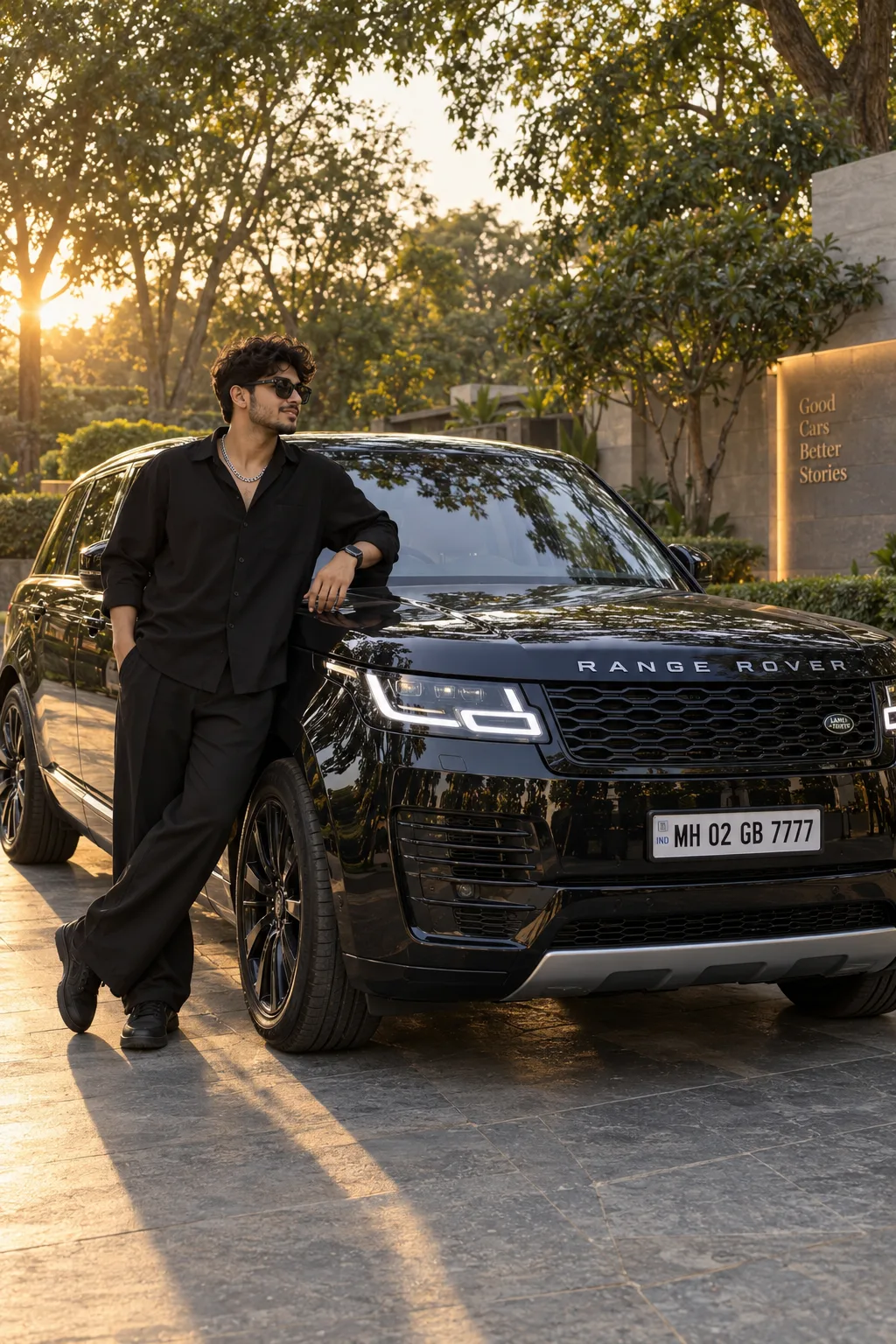 Ultra realistic cinematic portrait of a young man in front of range rover