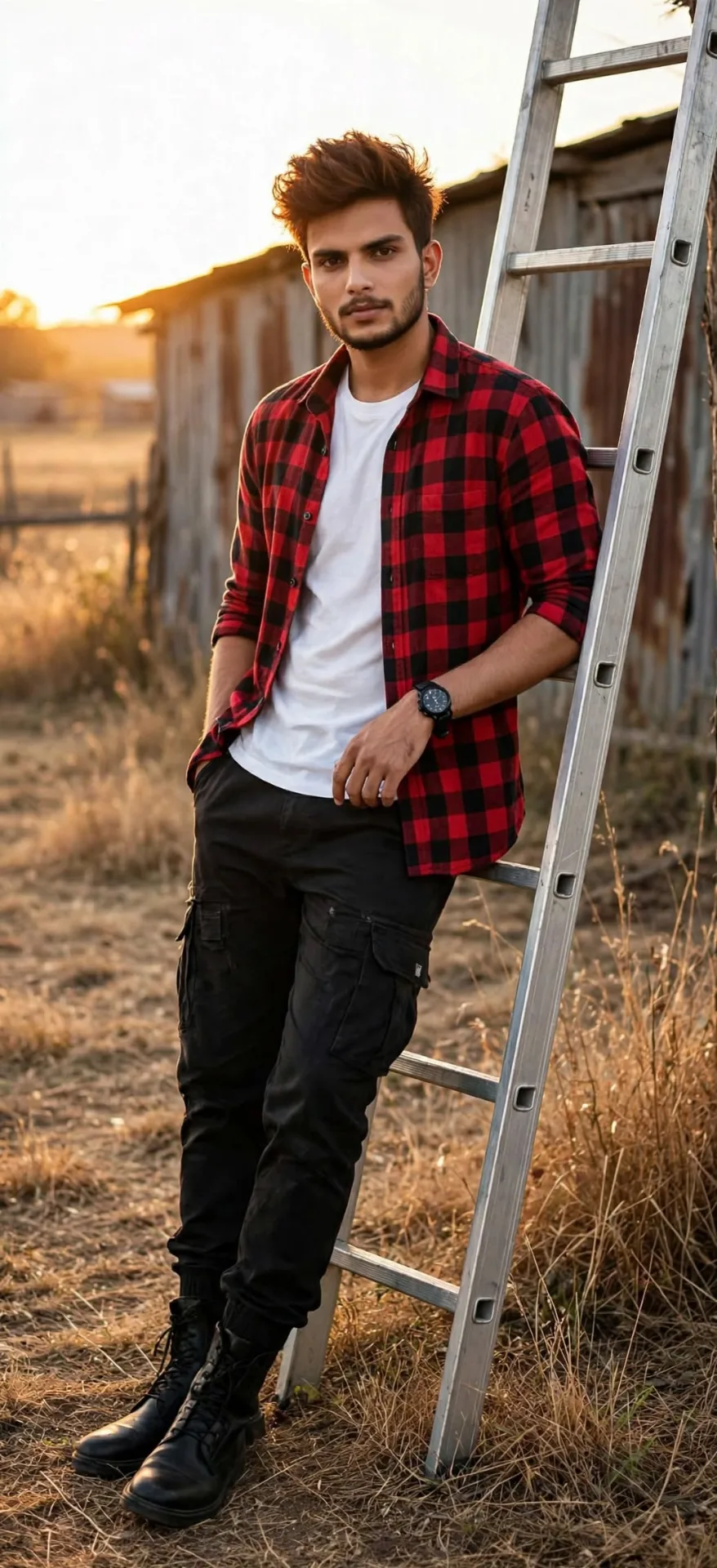 Rugged Ladder Pose - Golden Hour Farm Portrait