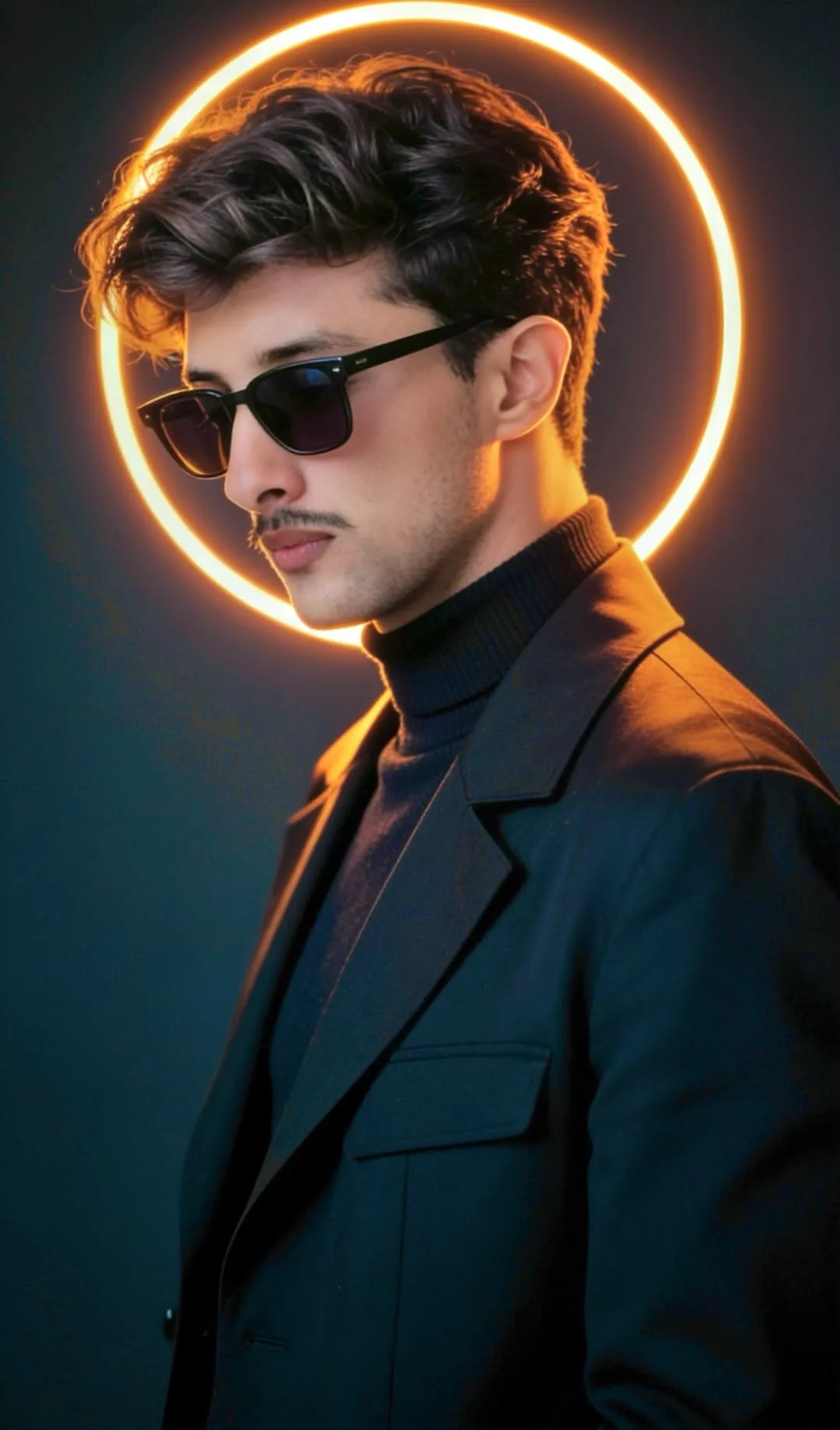 Warm Neon Ring Backlit Editorial Profile Portrait