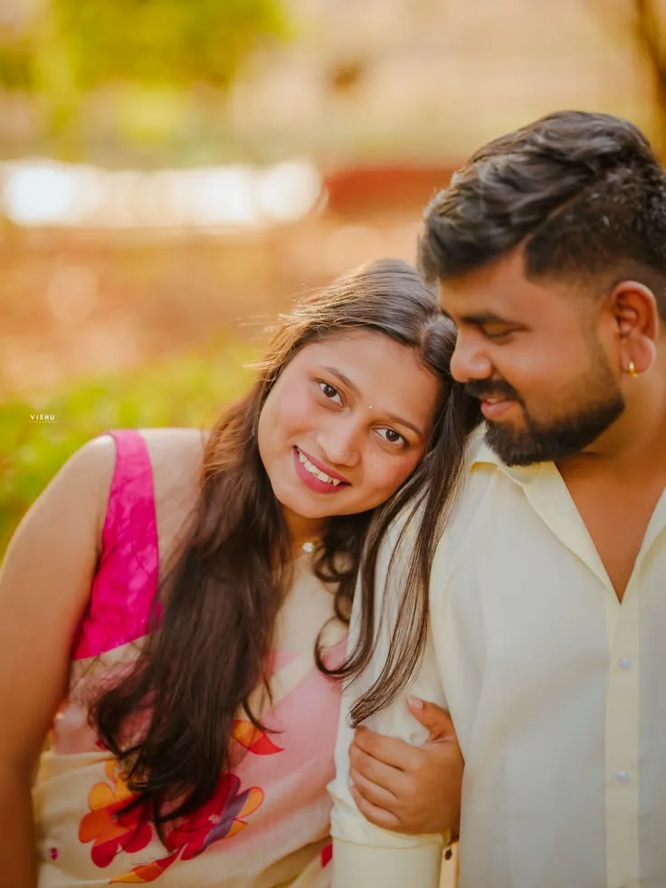 Candid Outdoor Pre-Wedding Portrait of Young Couple in Sunlit Garden Park