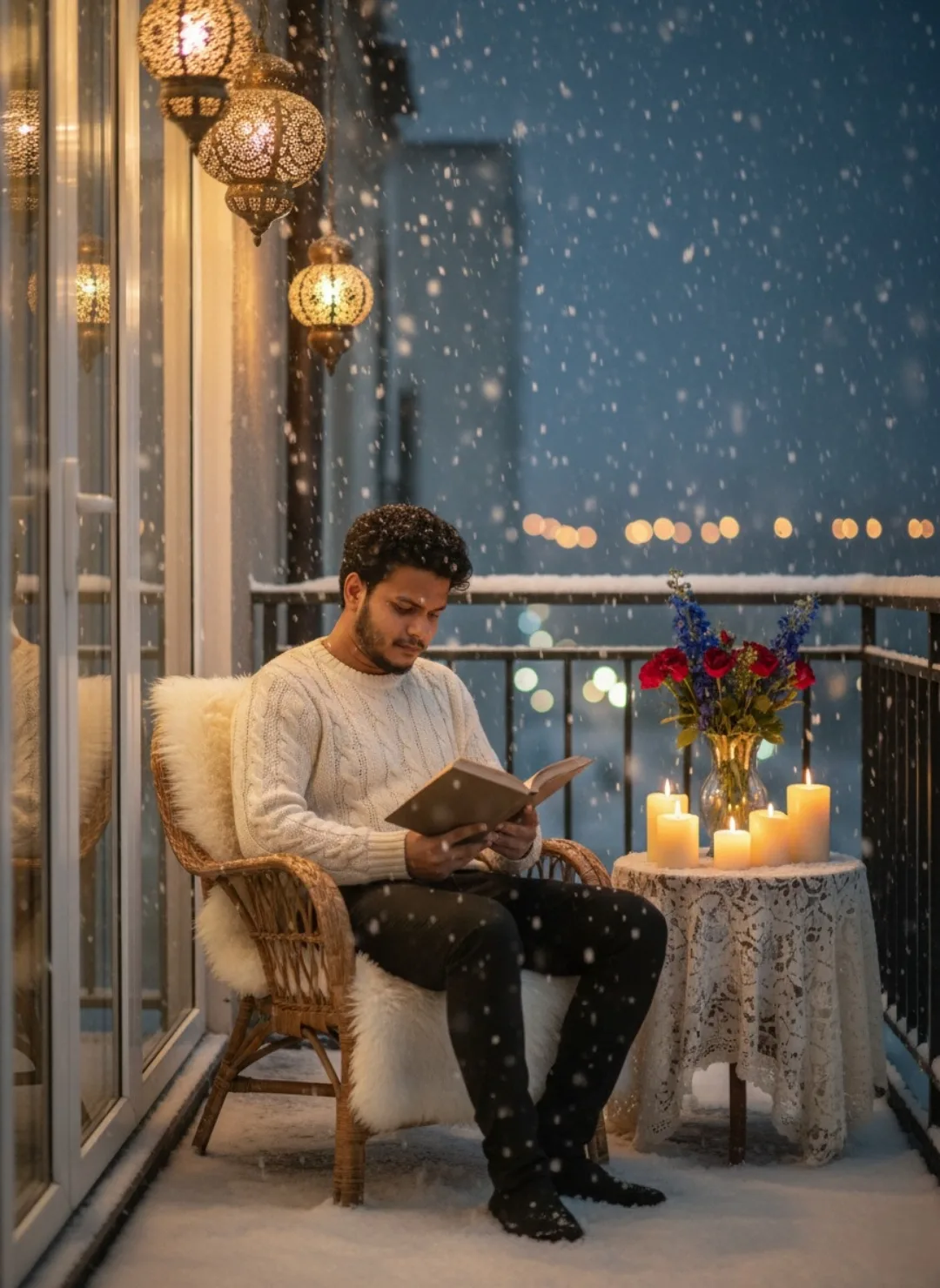 Cozy Snowy Balcony Reading Night