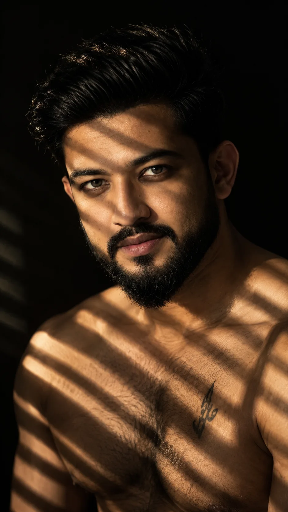 Cinematic 9:16 portrait of a bare-chested man