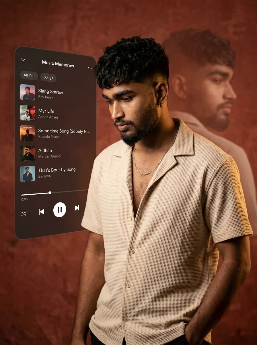 Cinematic Melodic Mood Portrait, Nostalgic Music Player Aesthetic, Vintage Echoes Studio Portrait