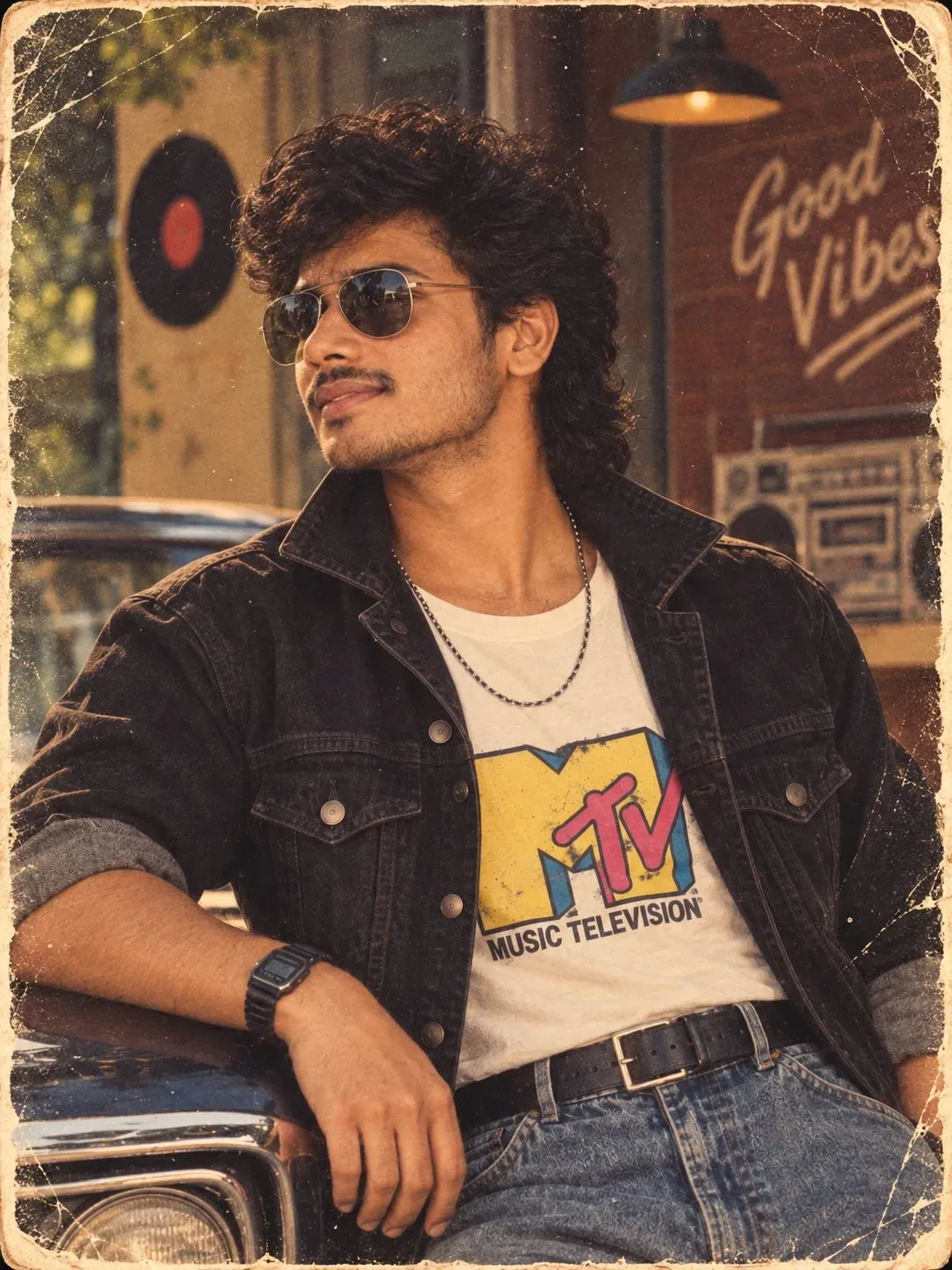 Vintage 1980s Retro Male Portrait Leaning on Classic Car in Denim Jacket & Aviators Prompt