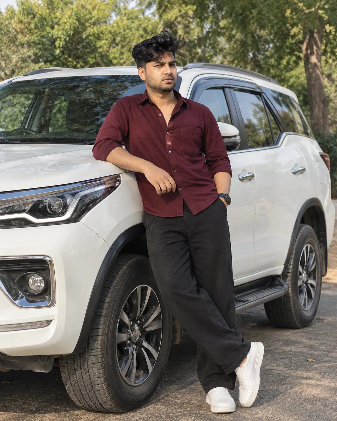 Maroon Shirt SUV Portrait