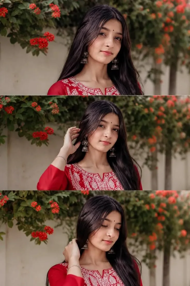 Elegant Female Ethnic Portrait in Crimson Chikankari Kurti with Jhumkas Prompt