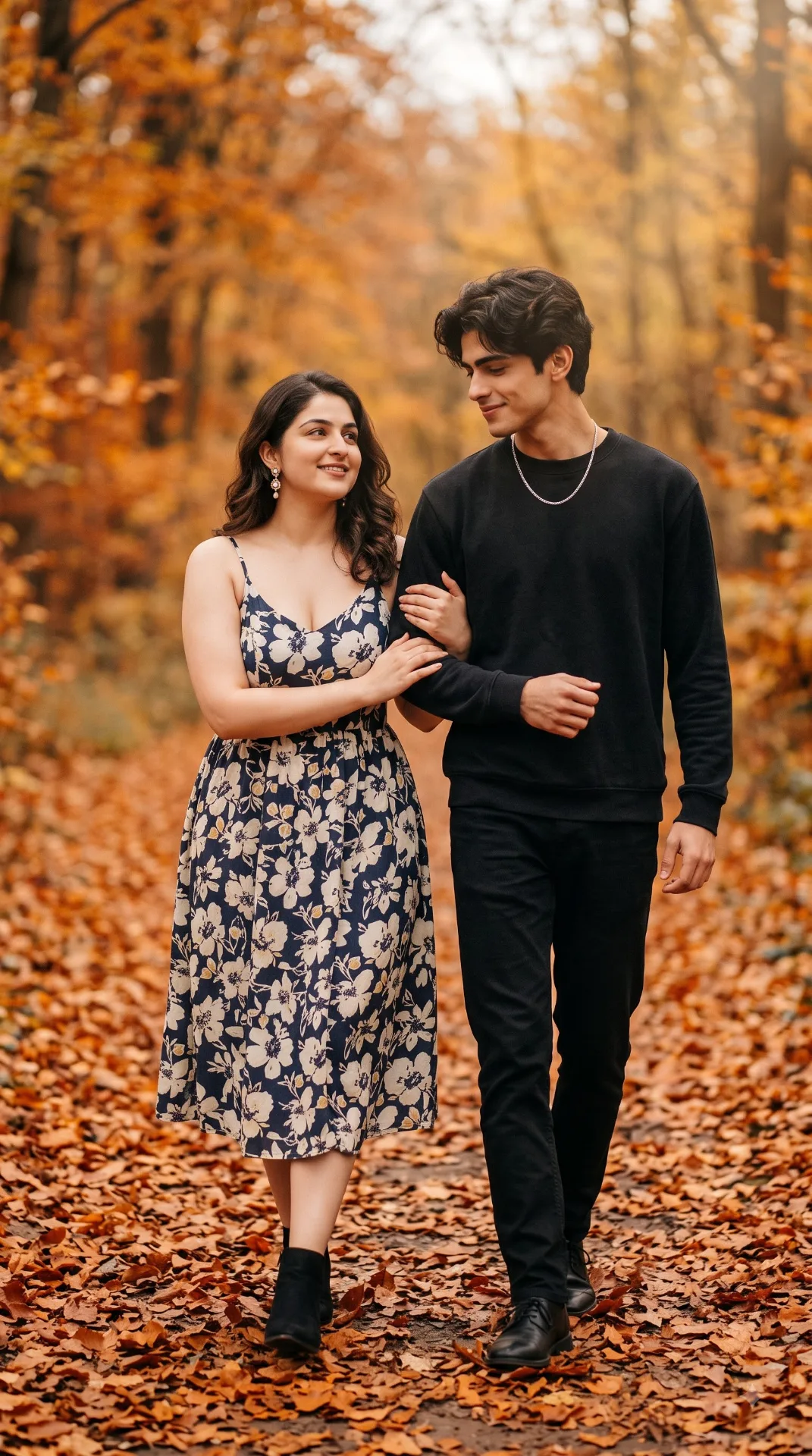 "Autumn Forest Trail Editorial Couple Portrait"