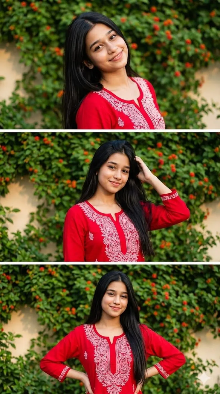Elegant Female Ethnic Portrait in Crimson Red Chikankari Kurti Prompt