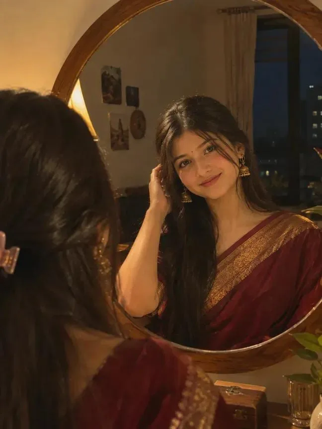 Elegant Mirror Portrait in a Warm Evening Setting