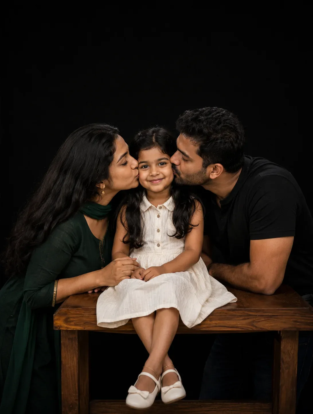 family-portrait-south-indian-parents-kissing-daughter