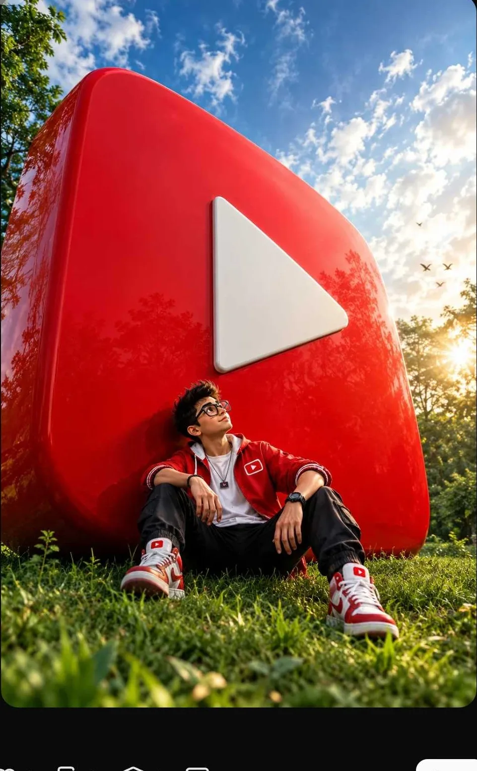 Giant YouTube Play Button - Creator Sitting in Park