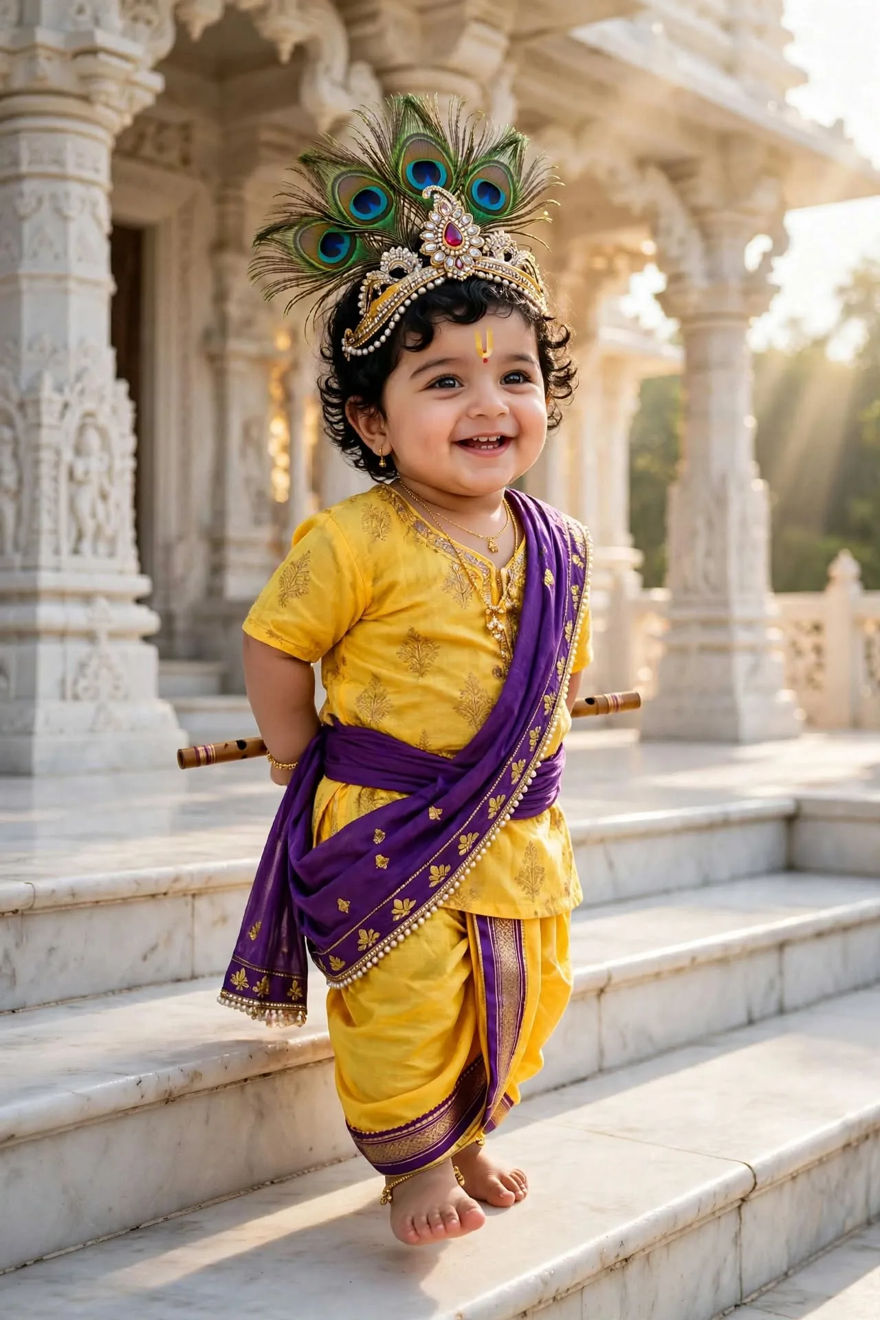 Cute Baby Krishna at White Marble Temple - Little Kanha with Flute 8K