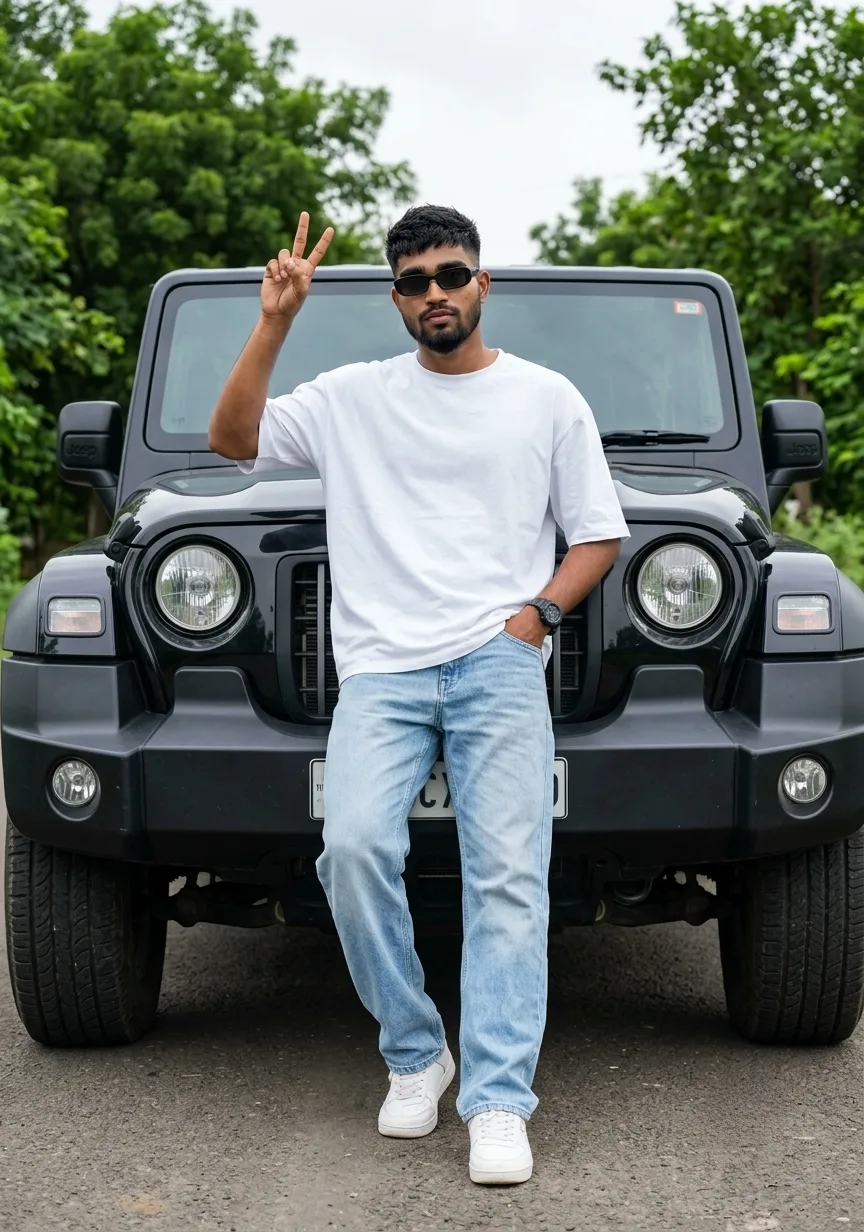 Black Thar 4x4 Male Portrait Leaning on Grille with Peace Sign Pose Prompt
