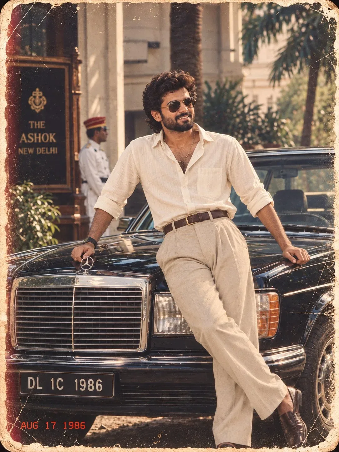 Vintage 1980s Retro Male Portrait Leaning on Classic Mercedes-Benz Outside The Ashok Prompt