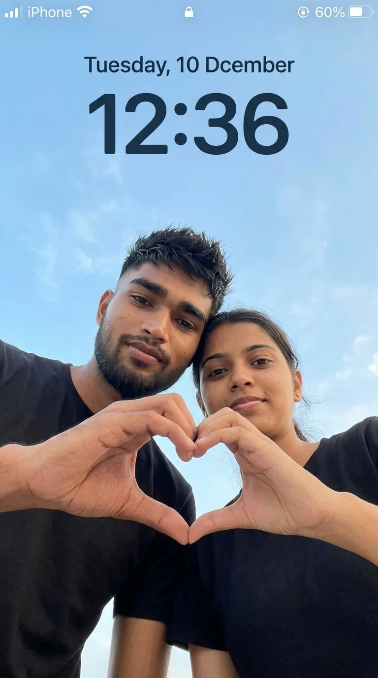 Romantic Couple Low-Angle Hand-Heart Gesture Portrait Under Blue Sky Prompt