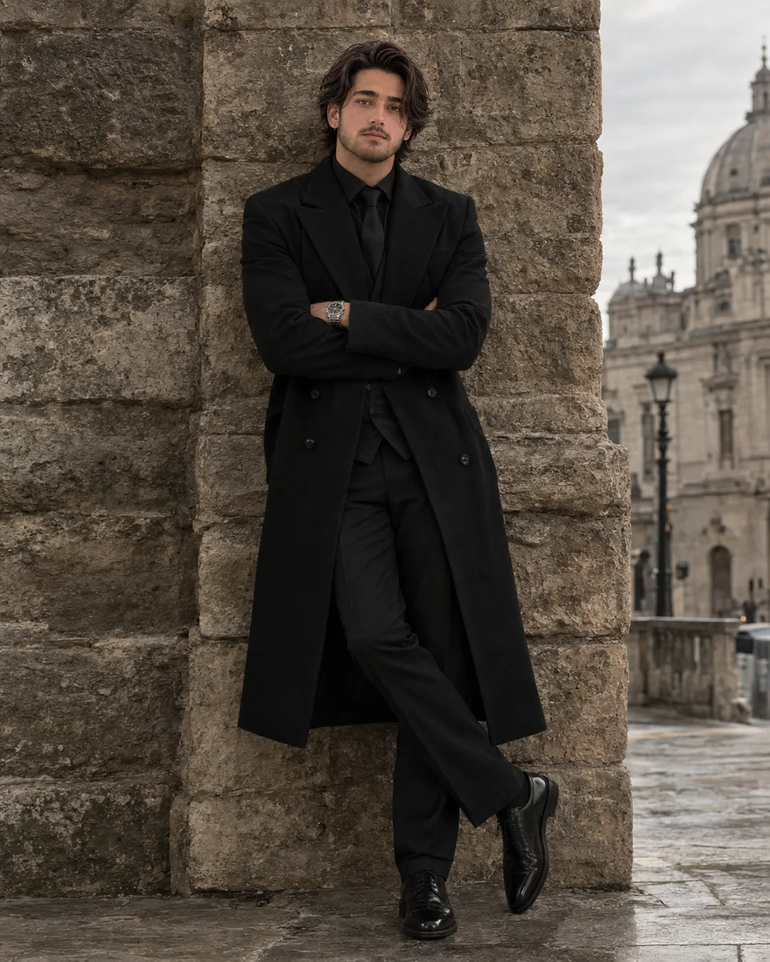 Brooding Elegance Against Historic Stone