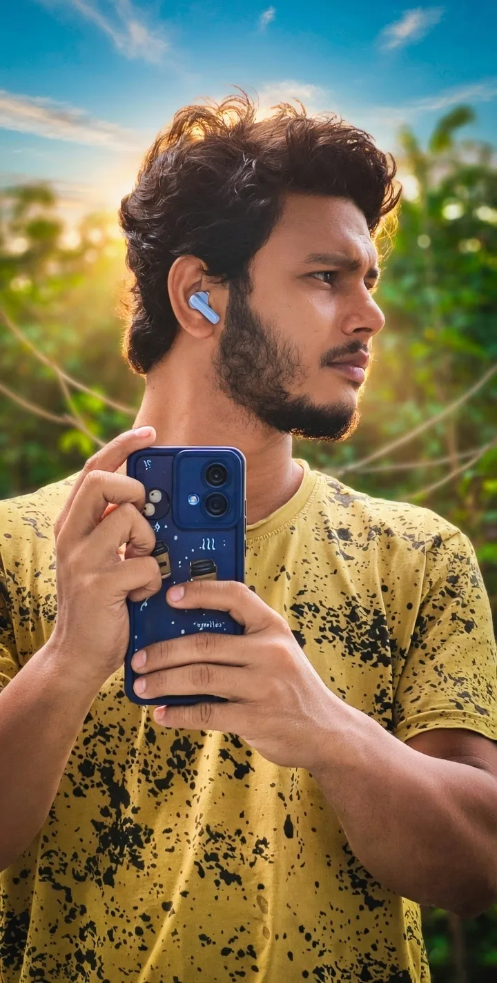 Outdoor Portrait of Young Man with Smartphone and Earbuds