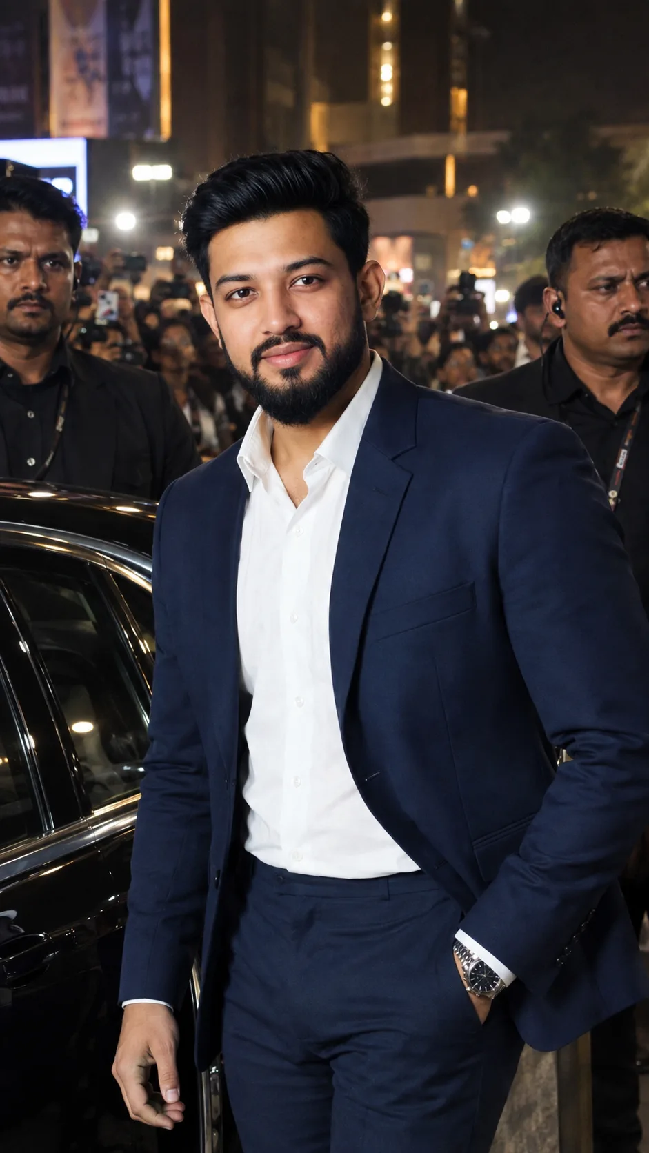 Cinematic Bollywood celebrity arrival atmosphere
