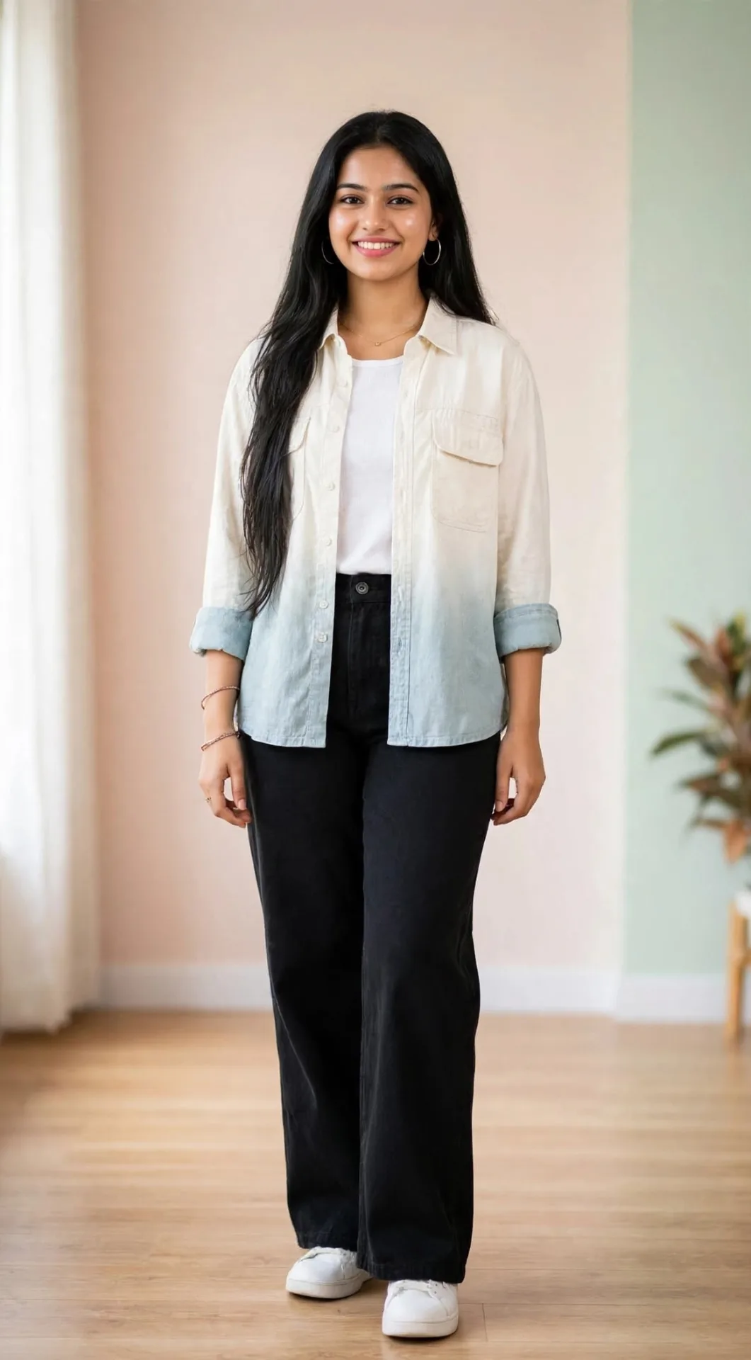White Overshirt & Black Wide-Leg Pants — Realistic Fashion Portrait Prompt