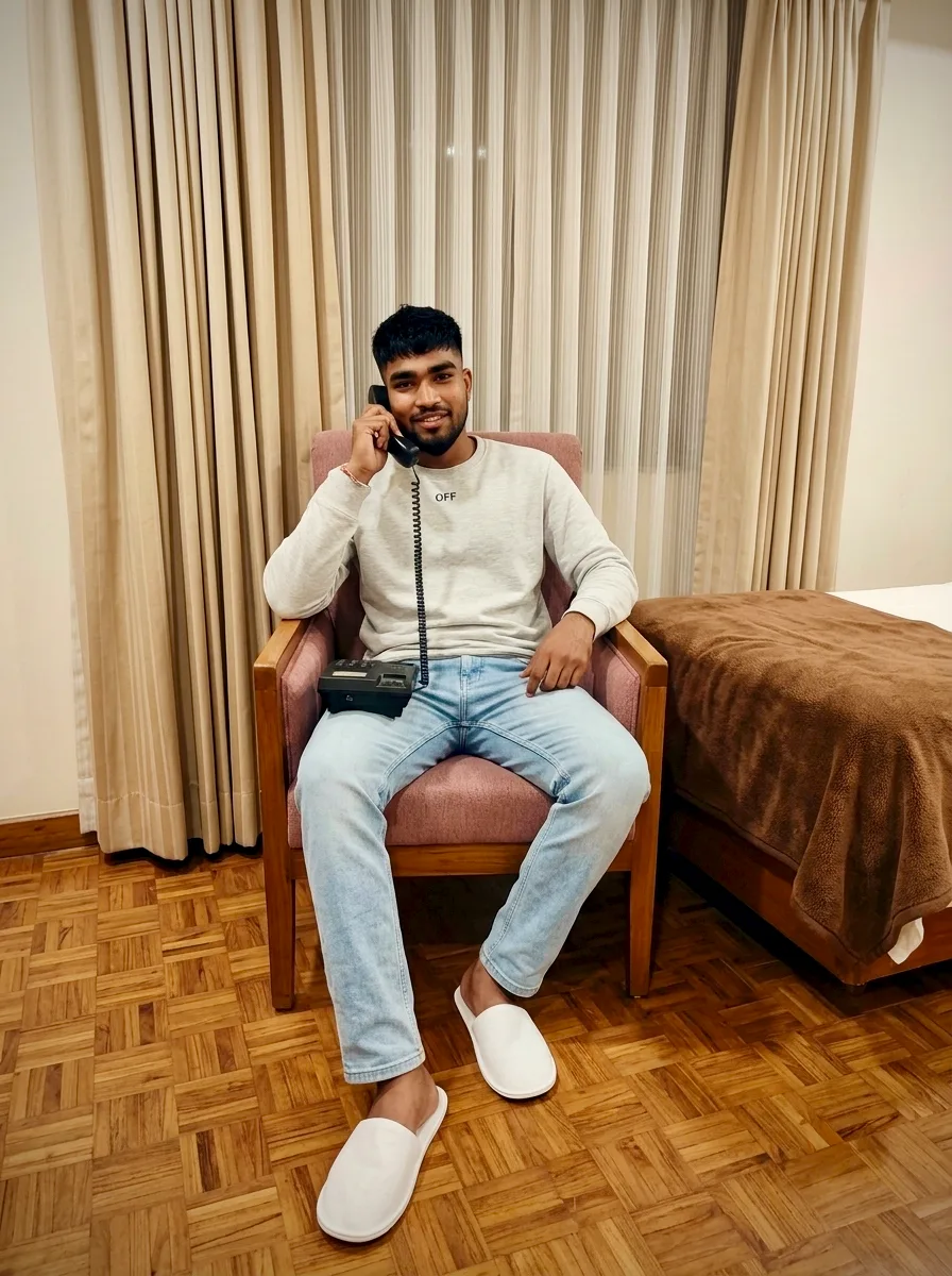 Retro Corded Phone Armchair Aesthetic, Candid Indoor Travel Loungewear Portrait, Laid-Back Hotel Room Lifestyle Portrait