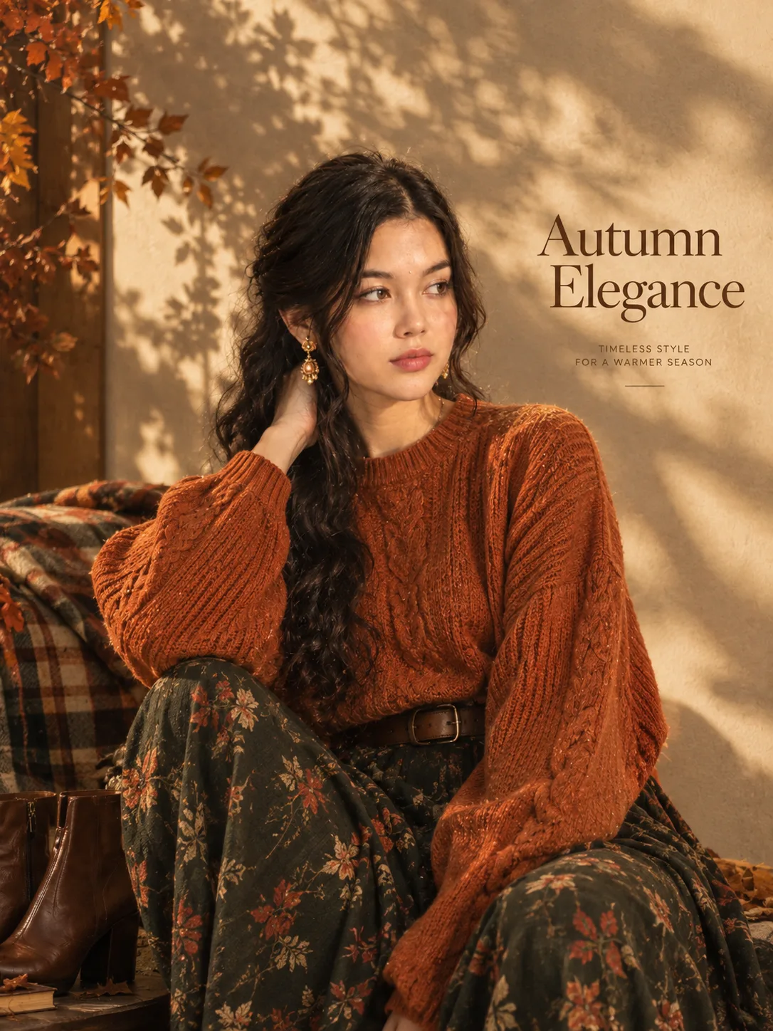 Ultra realistic autumn fashion editorial poster featuring a beautiful East Asian woman