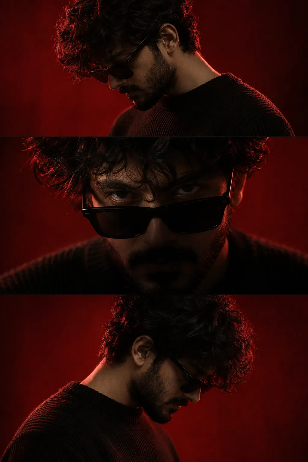 Ultra realistic cinematic 3 panel vertical portrait of a young man
