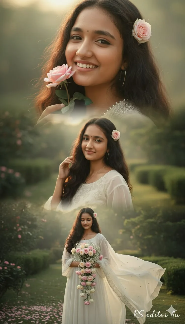 Ethereal vertical triple-exposure collage of a smiling woman in a white dress holding a cascading pink rose bouquet in a