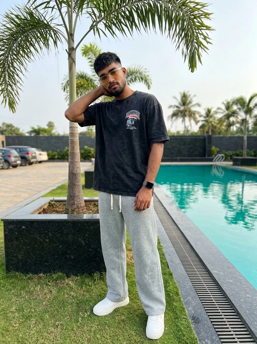Poolside Male Resort Portrait in Acid-Wash Graphic Tee & Grey Sweatpants Prompt