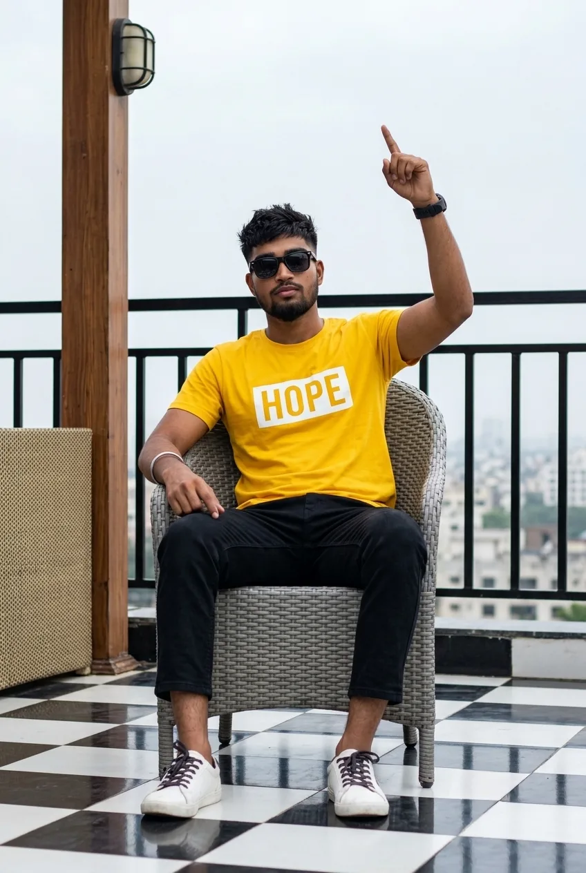 Rooftop Terrace Male Portrait Seated on Grey Wicker Chair in Yellow Hope Tee Prompt