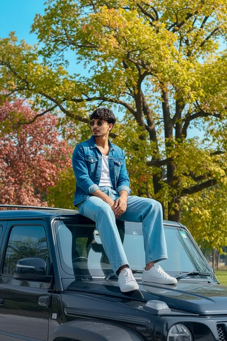 Candid Autumn Park Portrait of Young Man on 4x4 SUV Hood