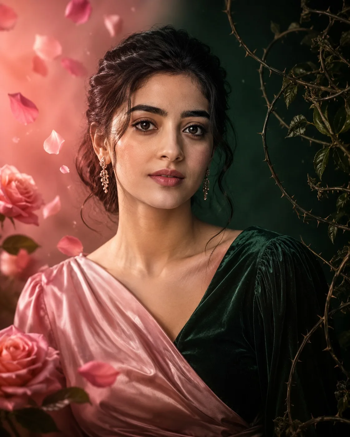 Elegant Portrait of a Woman with Pink Petals and Thorns