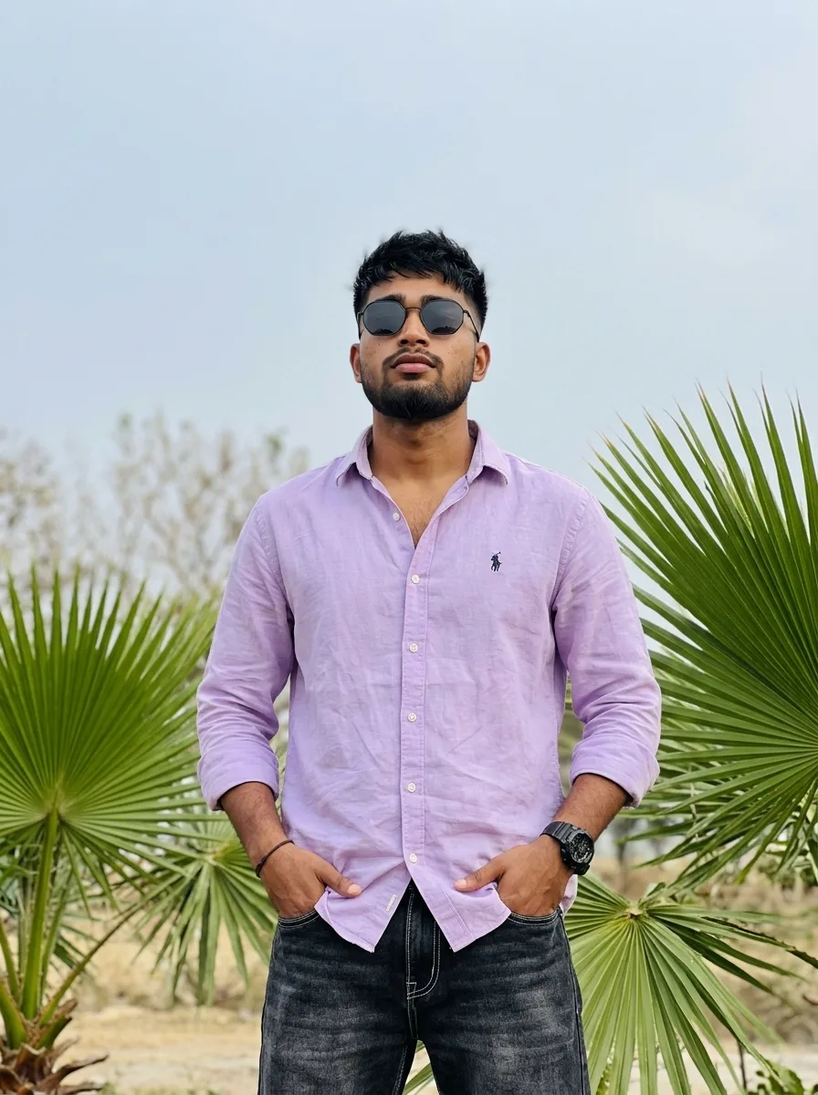 Tropical Palm Oasis Male Portrait in Lavender Linen Shirt & Dark Sunglasses Prompt