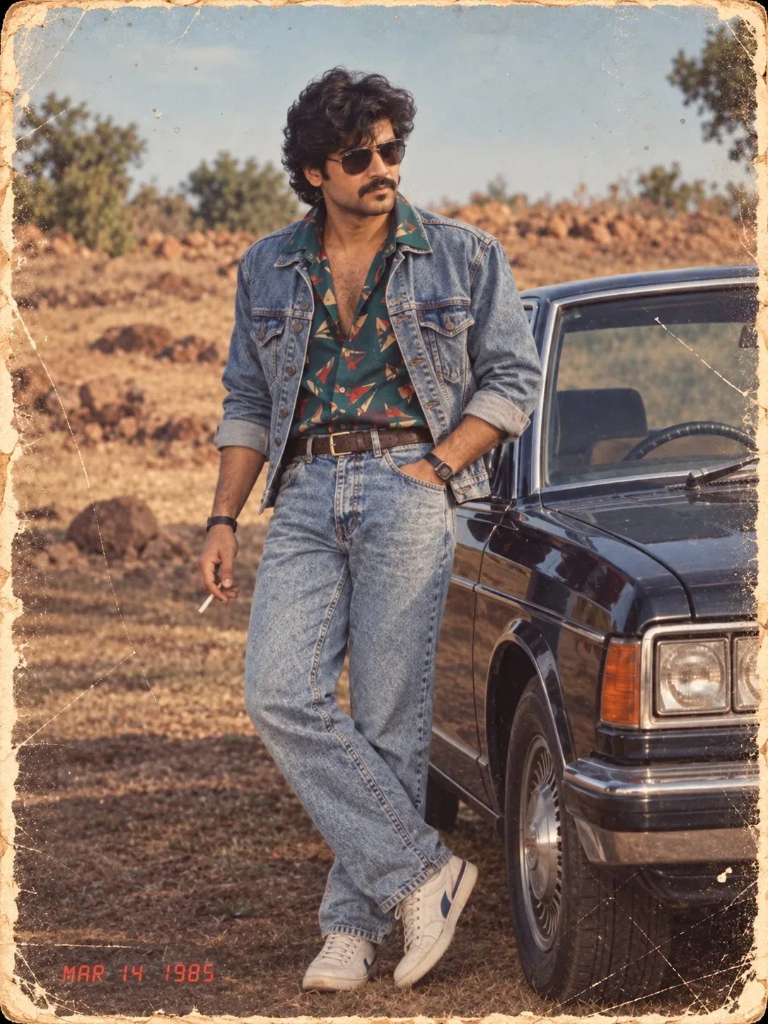 Vintage 1980s Retro Indian Male Roadside Portrait Leaning on Classic Sedan Prompt