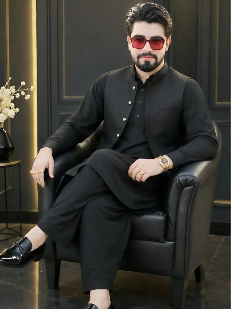 Royal Black Shalwar Kameez and Waistcoat Portrait