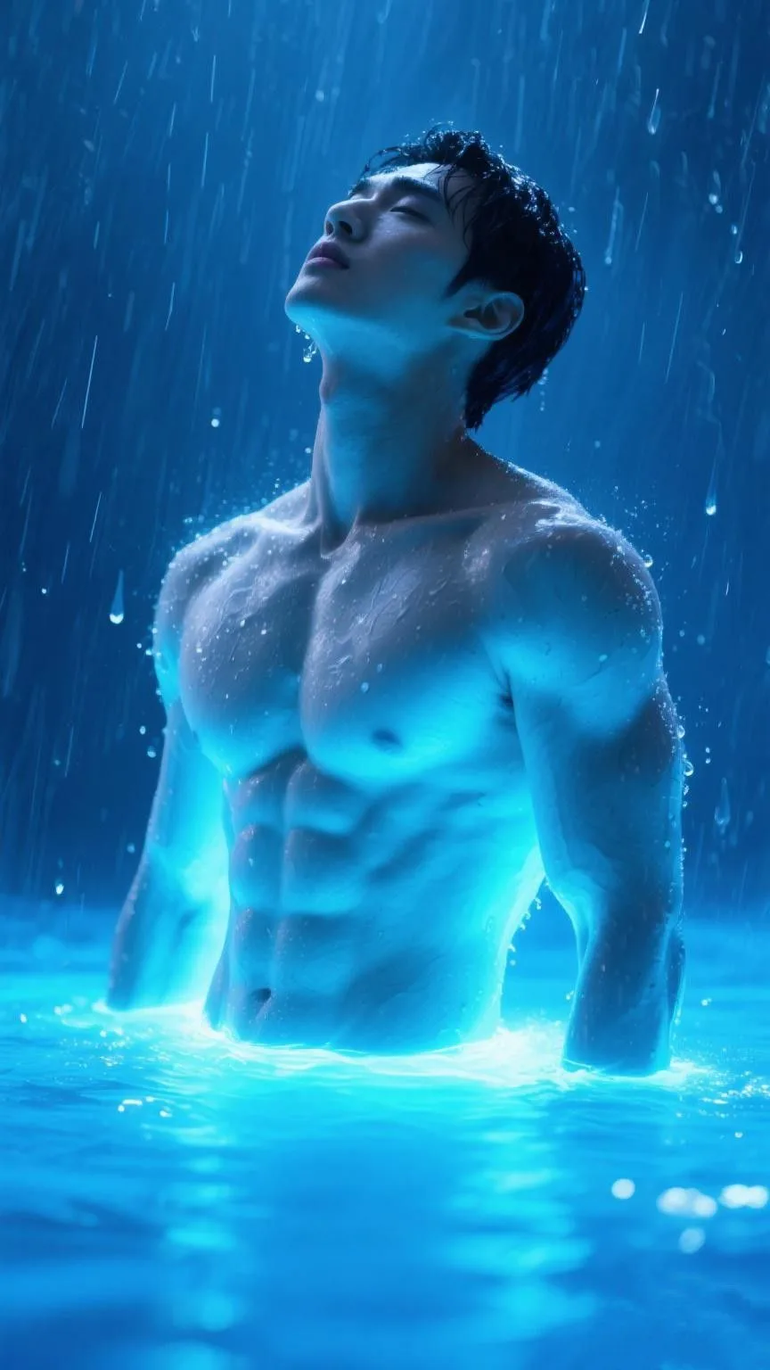 Cinematic Muscular Man in Bioluminescent Neon Rain