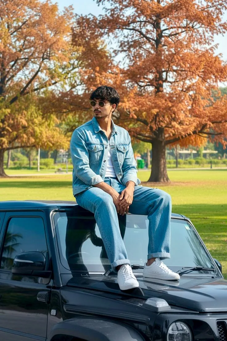 Candid Autumn Park Portrait of Young Man on 4x4 SUV Hood