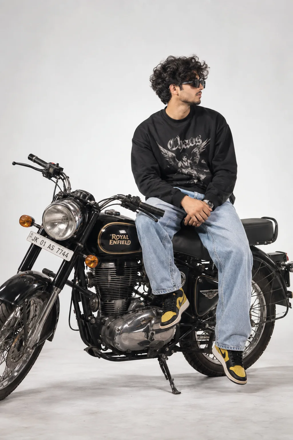 Ultra realistic cinematic portrait of a young man with royal Enfield