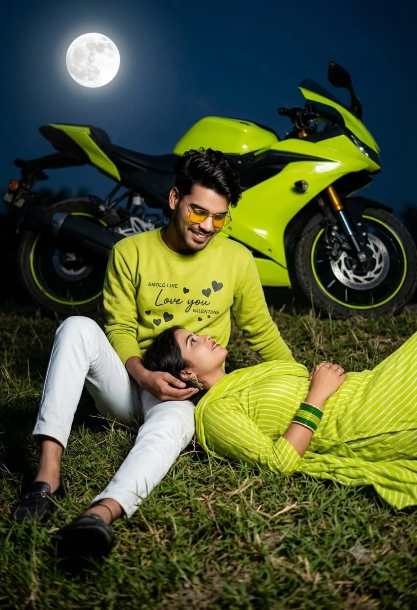Romantic Full Moon Night Portrait with Sports Bike