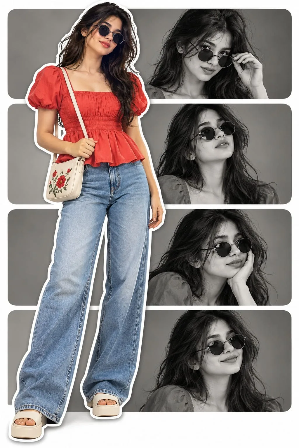 Fashion Editorial Collage – Red Top & Wide-Leg Denim