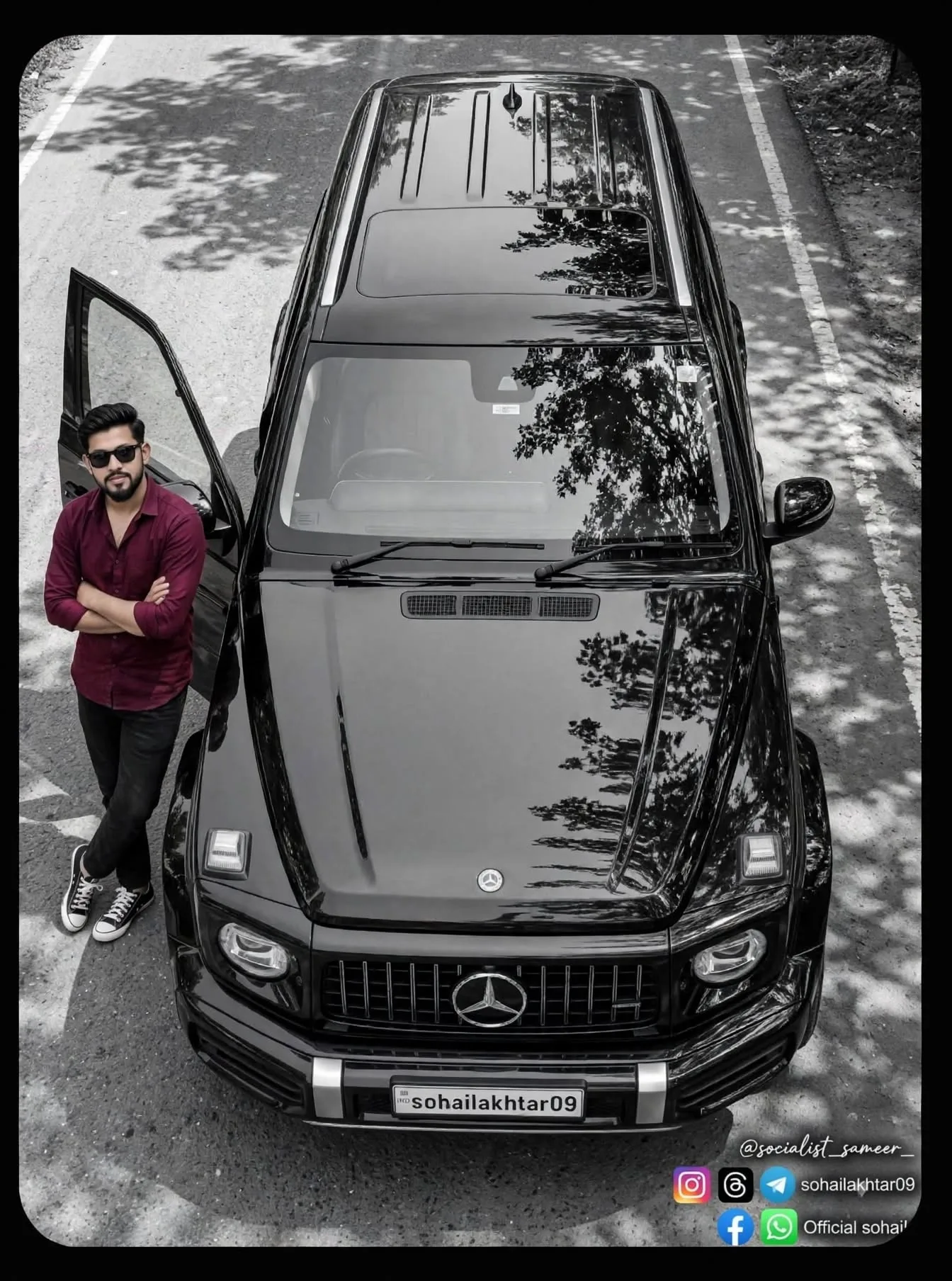 Black SUV Top-Down Portrait, Maroon Shirt Selective Color