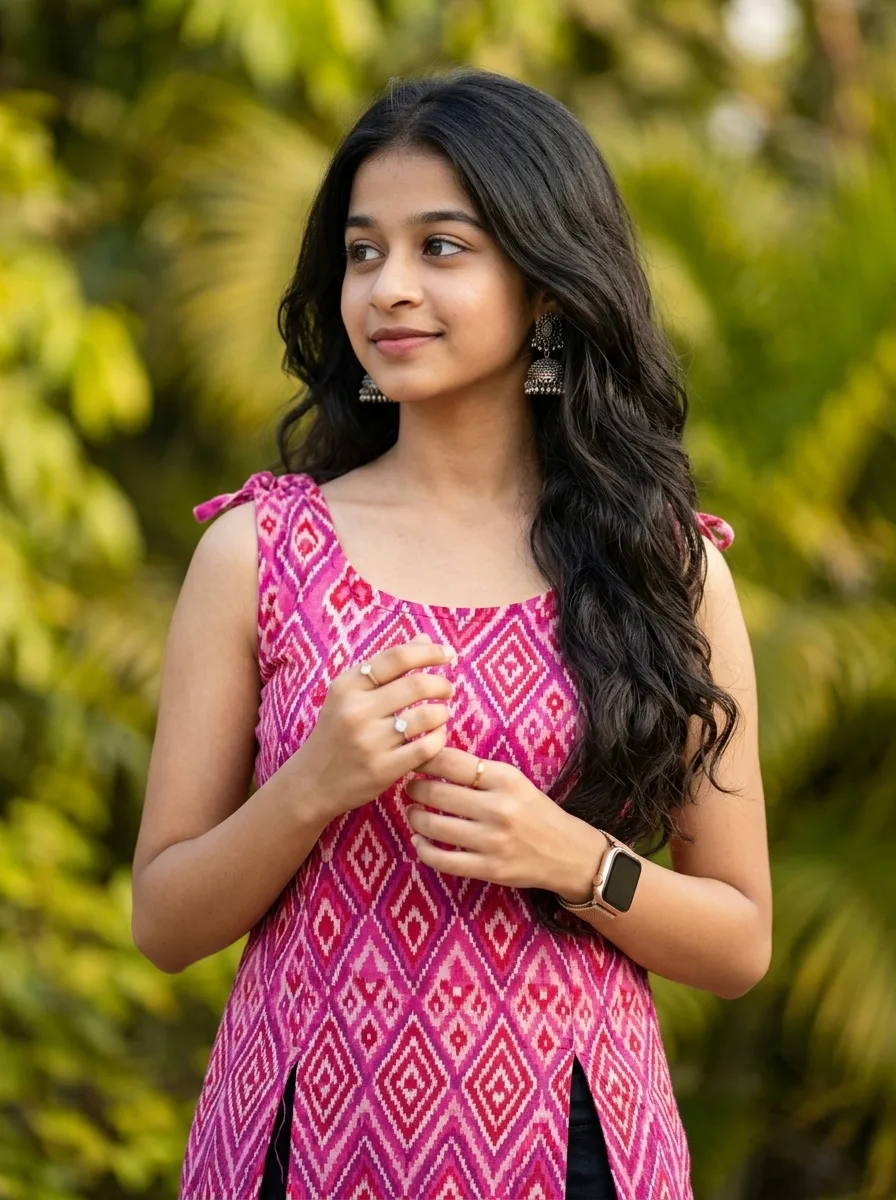 Pink Ikat Print Sleeveless Kurti Female Portrait with Silver Jhumkas Prompt