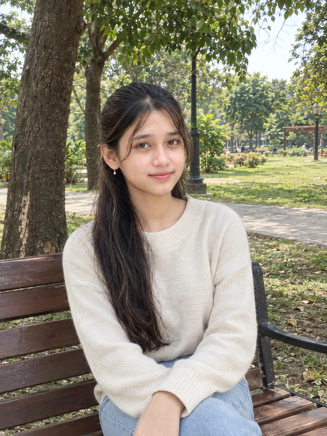 Ultra Realistic Girl Park Bench Shot