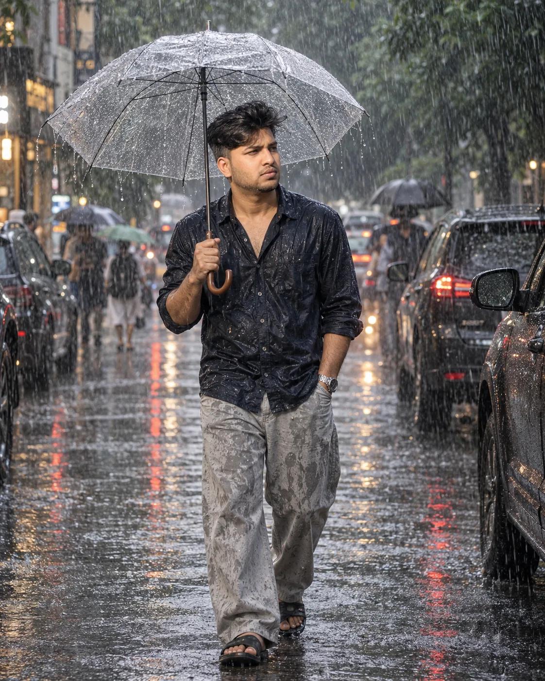 Monsoon Street Portrait with Umbrella