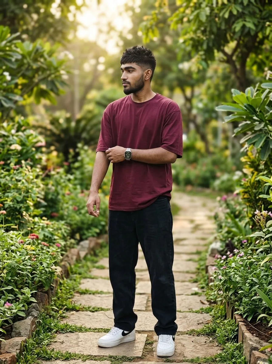 Botanical Garden Stone Pathway Male Portrait in Maroon Oversized Tee Prompt