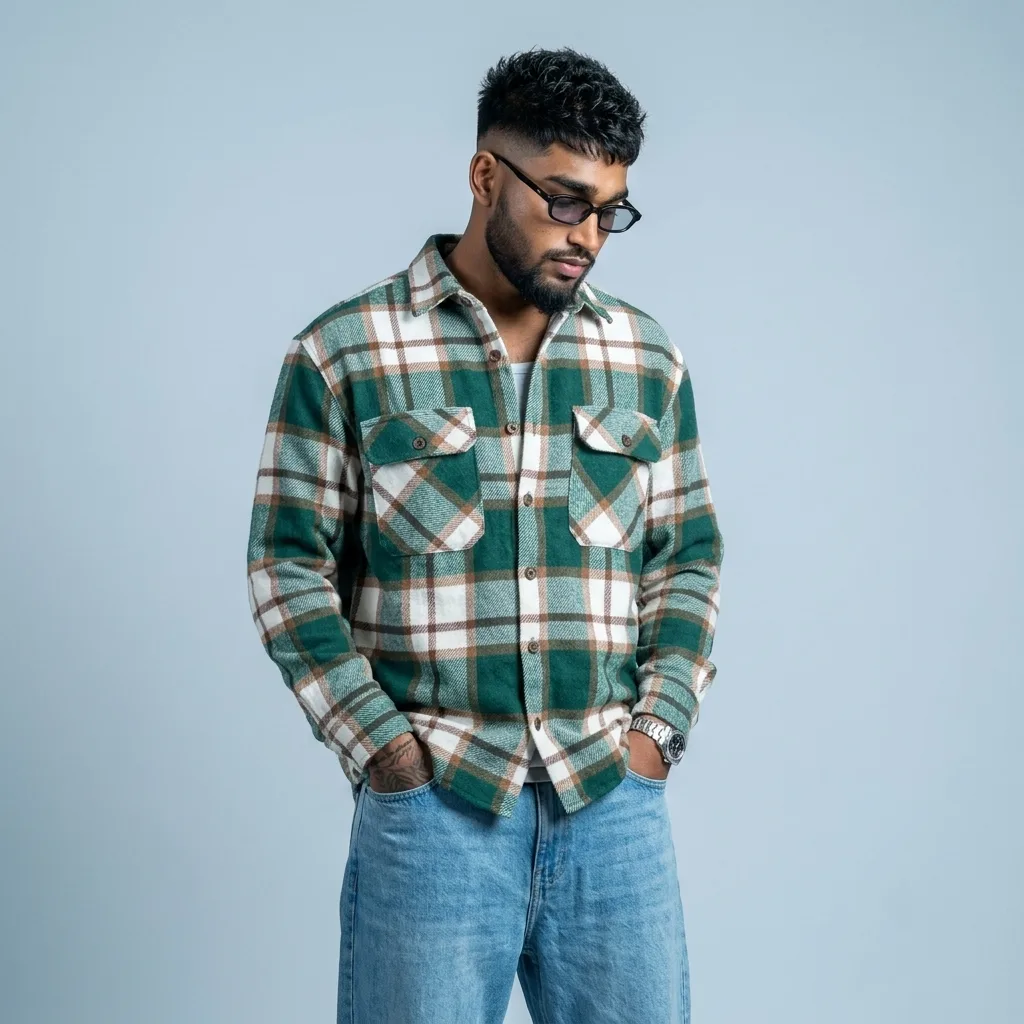 Studio Portrait of Young Man in Green Plaid Overshirt and Tinted Glasses