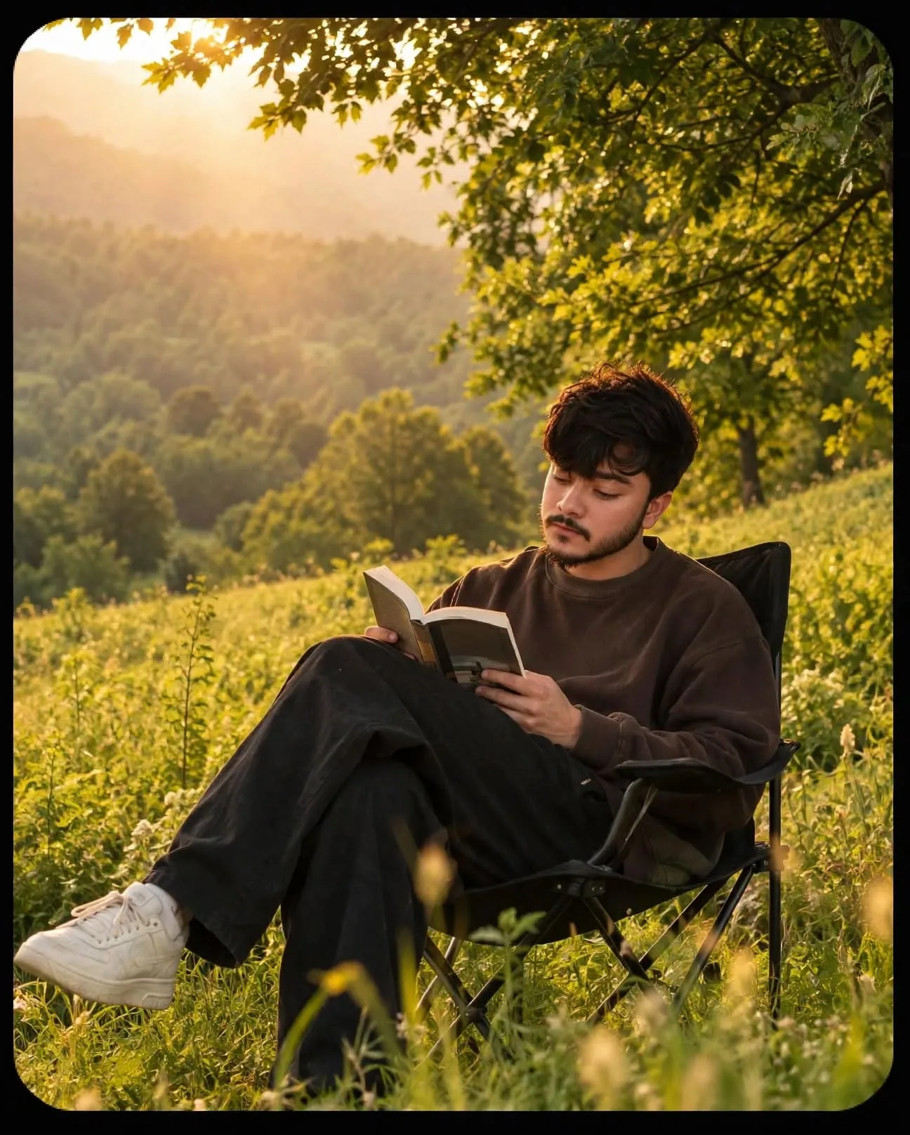 Peaceful Man Reading Book in Green Valley - Cinematic Portrait