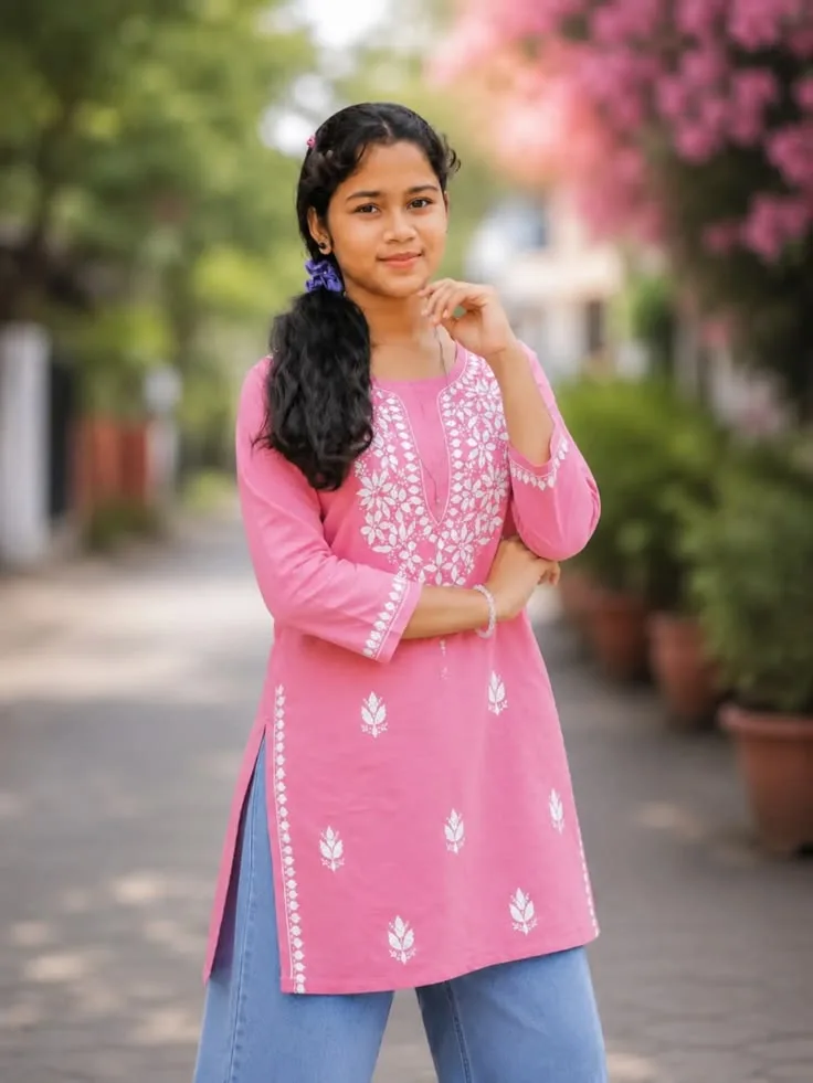 Graceful Outdoor Portrait in Pink Chikankari Kurti